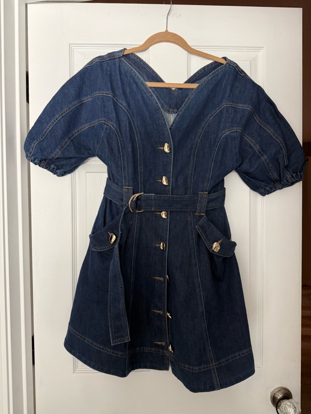 Commense Blue Pocketed Belted Denim Mini Dress Size XS NWT - Picture 6 of 7